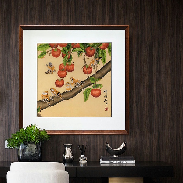 餐厅装饰画——手工刺绣装饰画柿子图 