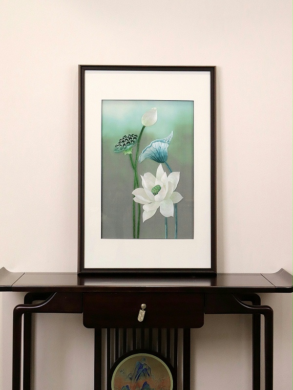 入户玄关画——手工刺绣荷花图《和和美美》