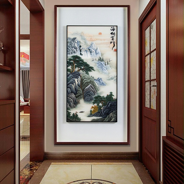 玄关装饰画挂手工刺绣山水画海纳百川