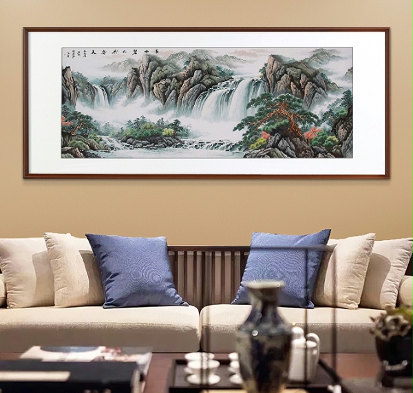 一涵汴绣客厅装饰画——手工刺绣装饰画青山碧水共云天山水画