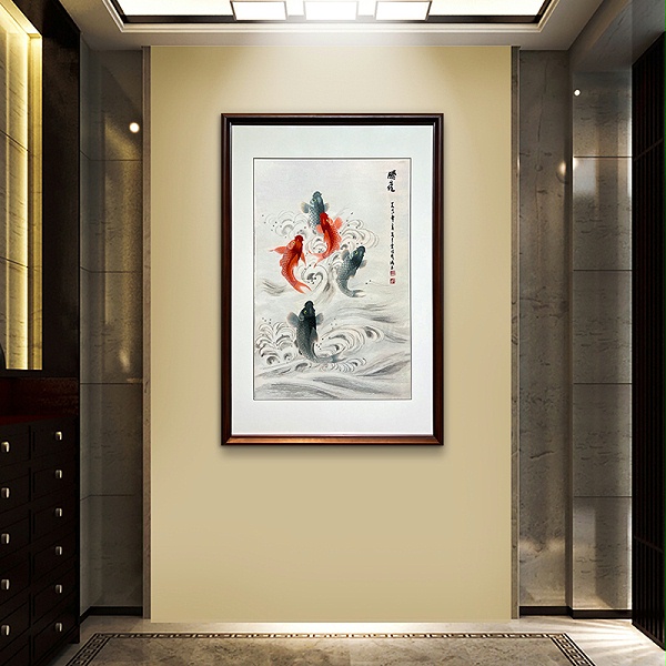 玄关装饰画——手工刺绣鲤鱼图《腾飞》