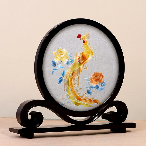 凤穿牡丹双面绣如意摆件