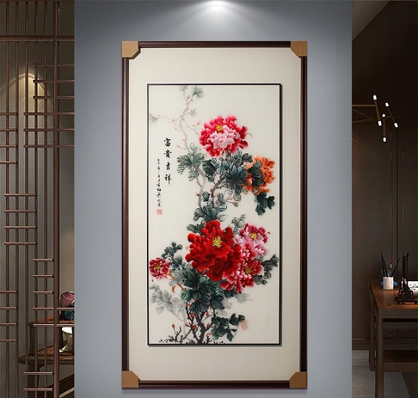 手工刺绣玄关画《富贵吉祥》
