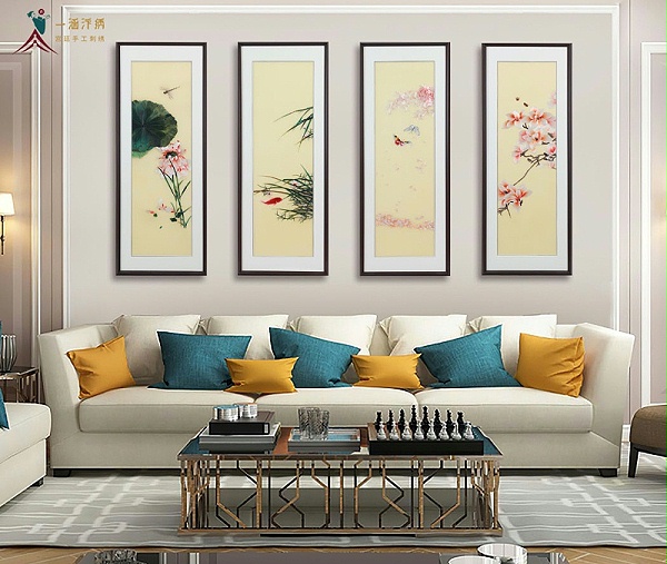 客厅沙发背景墙装饰画 刺绣花卉图