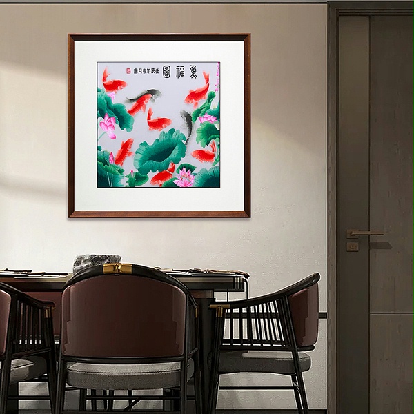 一涵汴绣餐厅装饰画——手工刺绣九鱼图《鱼福图》