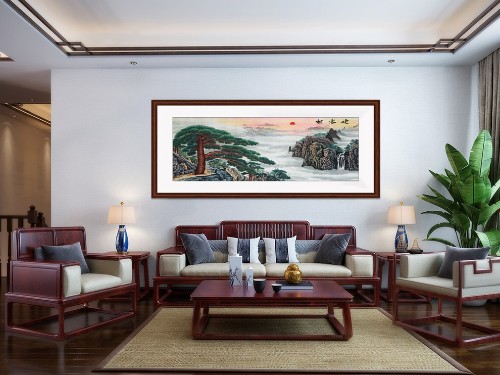 手工刺绣新中式客厅装饰画《迎客松》