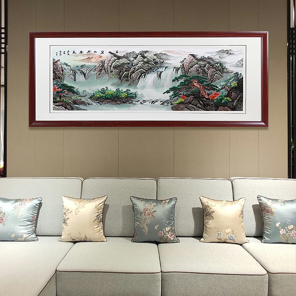 客厅装饰画——手工刺绣山水画《青山碧水共云天》