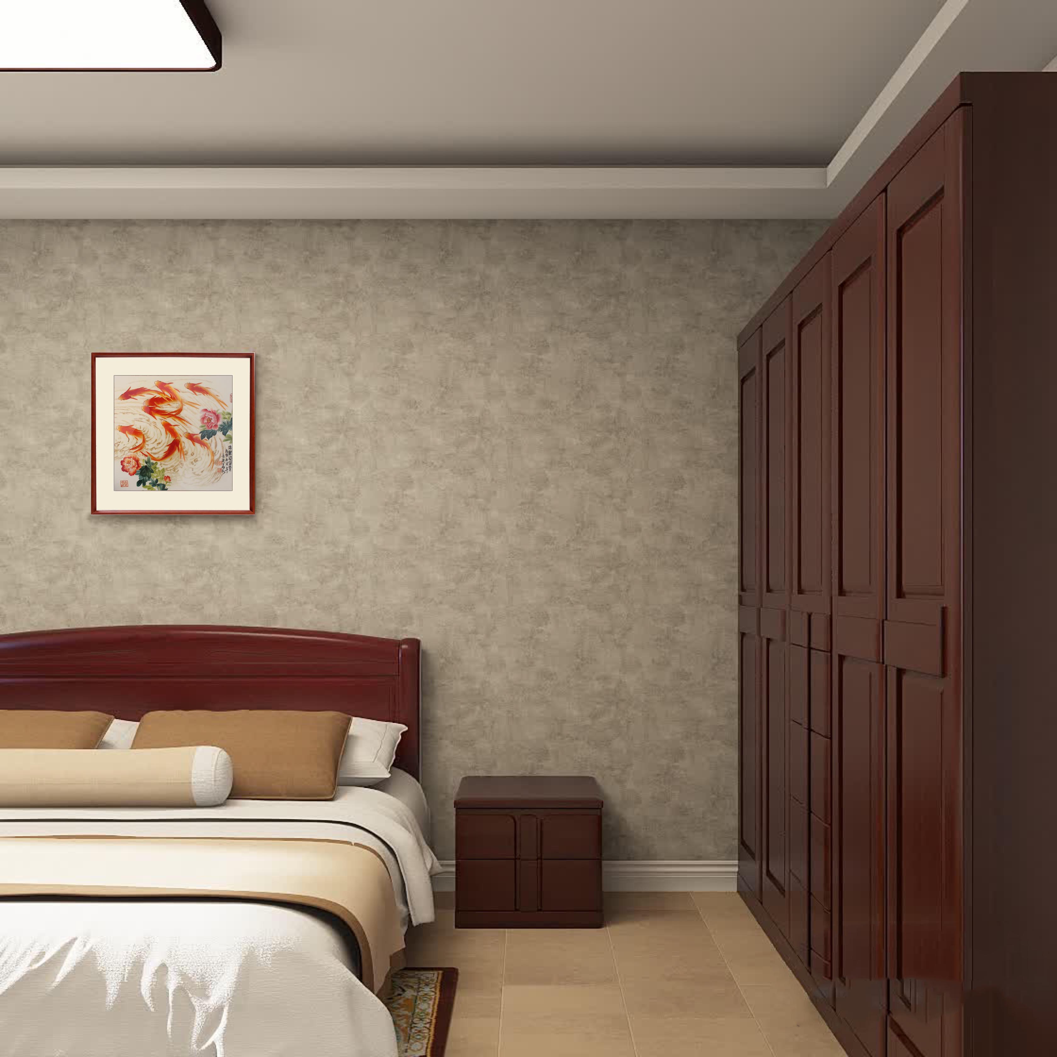 新中式卧室装饰画，手工刺绣《锦鲤富贵》，寄托美好心愿。