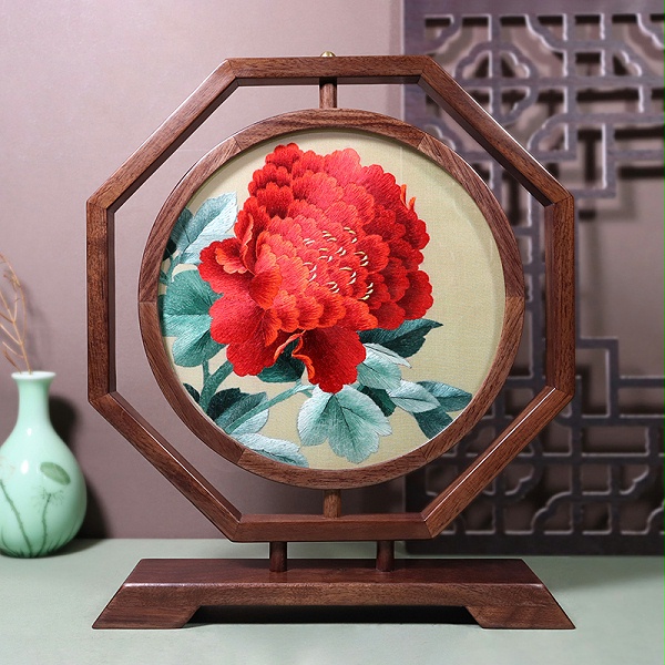 双面绣牡丹摆件