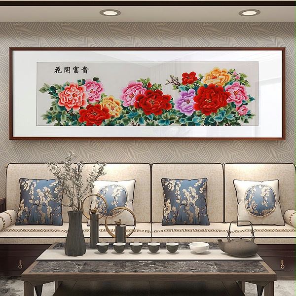 手工刺绣客厅装饰画《花开富贵》