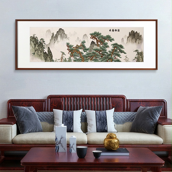 一涵汴绣客厅装饰画——手工刺绣山水画《云海松涛》