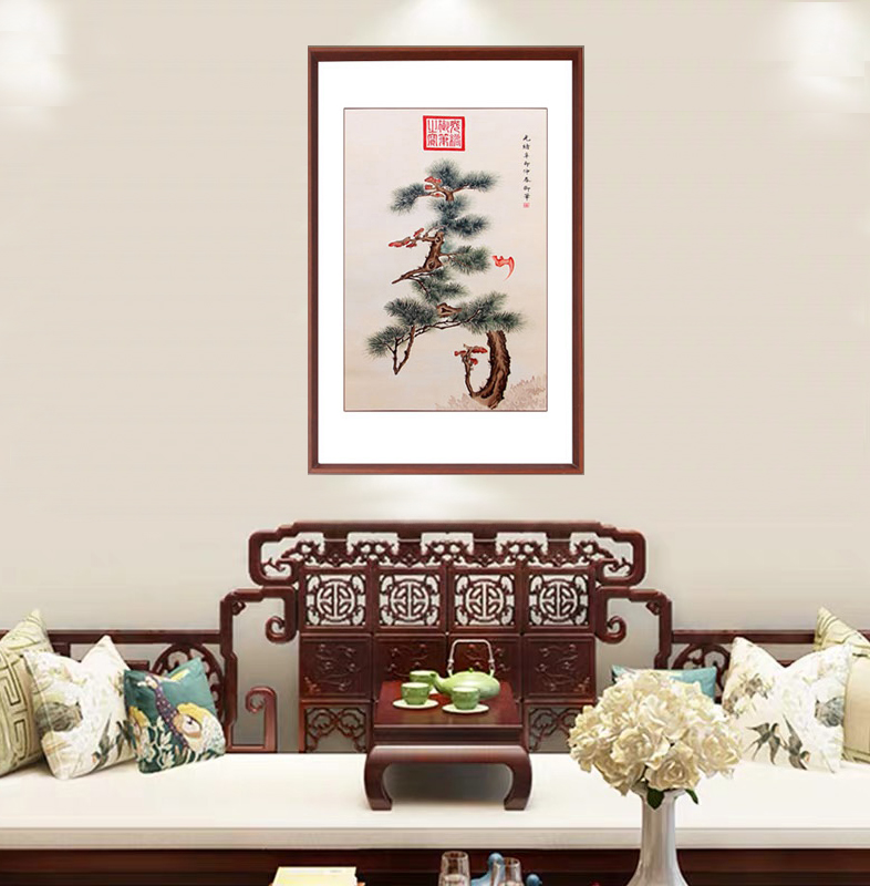 祝寿玄关装饰画，手工刺绣《松寿图》