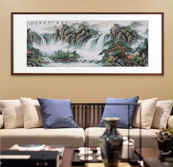一涵汴绣客厅装饰画——手工刺绣山水画《青山碧水共云天》