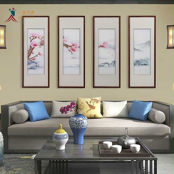 现代客厅装饰画 刺绣玉兰花三条屏