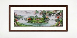 手工刺绣山水画聚宝盆