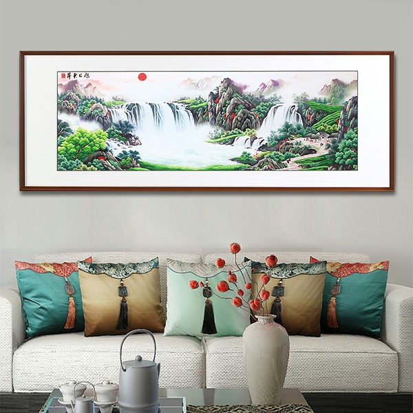 一涵汴绣客厅装饰画——手工刺绣山水画《旭日东升》