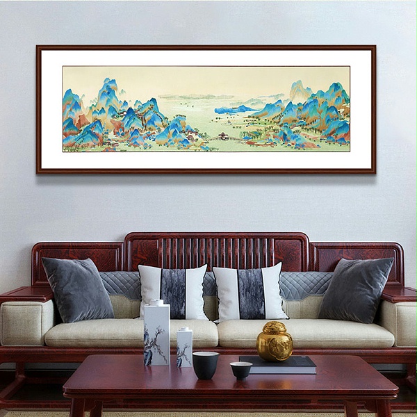 新中式客厅装饰画——手工刺绣装饰画千里江山图 