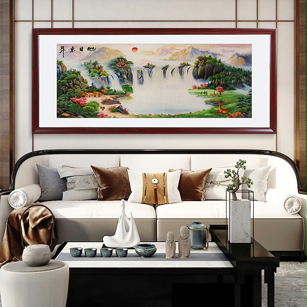 一涵汴绣客厅装饰画——手工刺绣山水画《旭日东升》