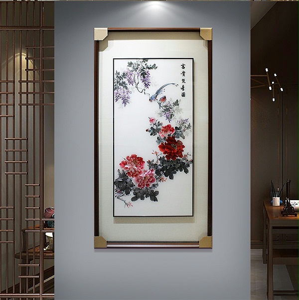 一涵汴绣玄关装饰画——手工刺绣牡丹图《富贵双喜》