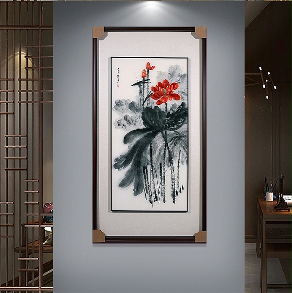 一涵汴绣玄关装饰画——手工刺绣荷花图《勾金红荷》