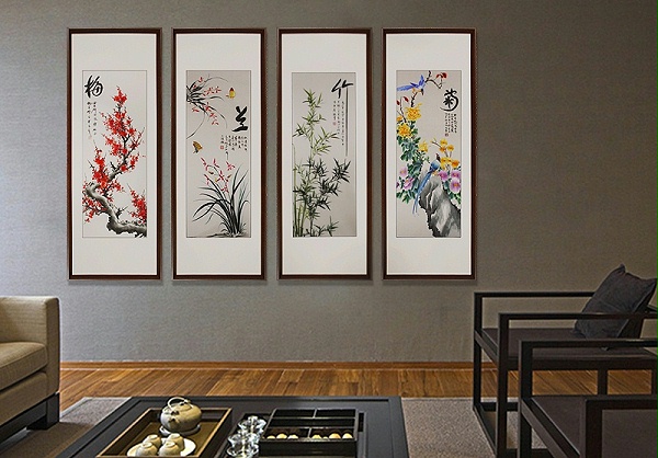 刺绣梅兰竹菊四条屏 客厅装饰画